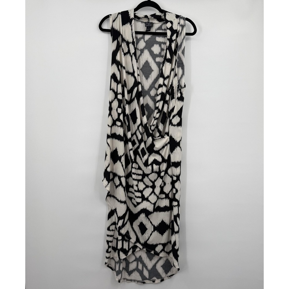 Sunwoo Dress Womens L Black White Geometric Maxi Wrap Sleeveless Knit Pleated